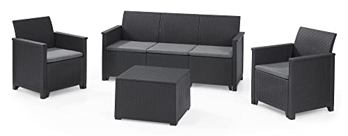 Keter Emma Lounge Set, Set Mobili Da Giardino In Rattan Con Divano 3 Posti 2 Poltrone E Tavolino , Grafite