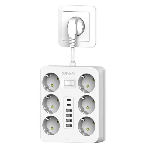 Regletas Enchufes, Ladron Enchufes con 6 Puertos USB(4 USB A+2 USB C) y 6 Tomas, Alargador Enchufe, 2500W/10A, Enchufe Multiple para Casa, Oficina, Cocina, Blanco