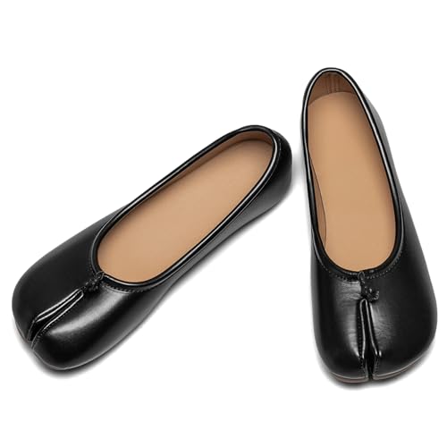 TENGTA Tabi Ballet Flats Women Wide Width Split Toe Low Heel Flats Shoes Japanese Tabis Shoe for School Office & Casual Black 6.5