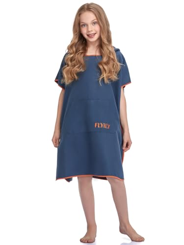 FLYILY Poncho de Surf Unisexe léger, avec Capuche, en Microfibre, avec Poche, pour Enfant, Bleu (Navy, Small - pour Enfant) – vue 2