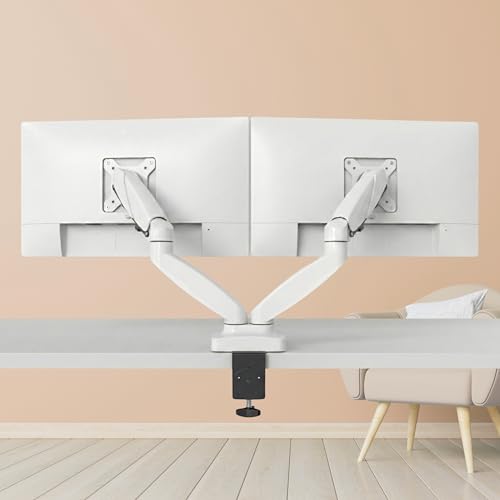 Image of UNIQ MOUNTS Heavy Duty Premium 13''-27'' Dual Monitor Arm, 180 Swivel, 360 Rotation, +90-85 Tilt, VESA 75x75 /100x100, 15kg Weight Capacity Per Arm, 2 USB Port (White)
