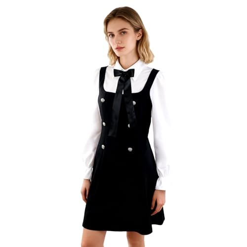 Image of Women Short Dresses 2 In 1 Colorblock Turndown Collar Lantern Sleeve Black Suit Cute Dress
