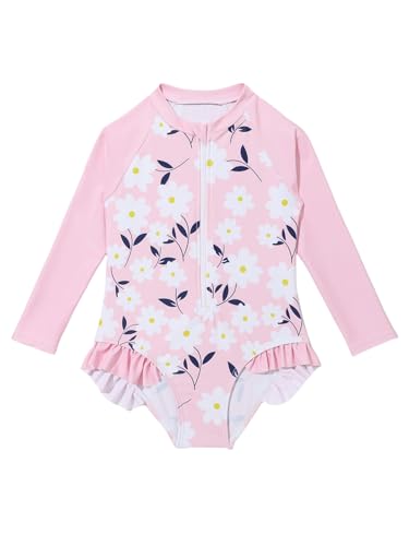 Image of Floerns Girl's One Piece Swimsuit Zip Up Long Sleeve Ruffle Trim Beach Monokini