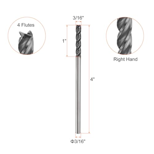 Image of HARFINGTON Carbide Square Nose End Mill Bit 3 /16 inch Cut Dia 4 Flutes TiAlN Coated Milling Cutter for Hardened Steel Metal (3 /16 inch Shank 1 inch Cut Length 4 inch Long 30 Degree Helix)