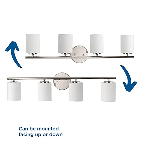 Image of Progress Lighting Replay Collection 4 Light Bathroom Vanity Light, Modern Bath Lighting Fixture with Etched White Glass Shades for Over The Mirror, Reversible Mounting, Polished Nickel