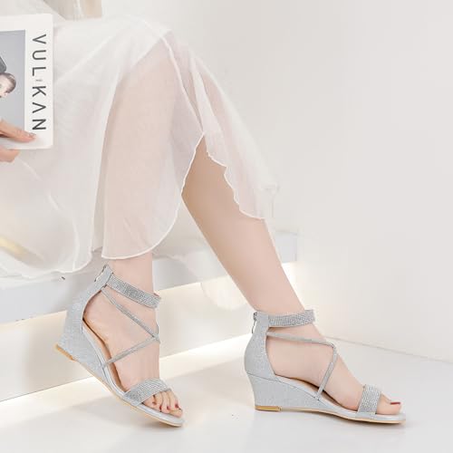 DADAWEN Women's Open Toe Ankle Strap Glitter Rhinestones Low Wedge Sandals Party Wedding Dress Pumps Shoes3