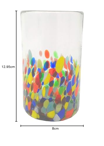 Hand Blown Mexican Drinking Glasses – Set of 6 Confetti Carmen Design Glasses (14 oz each)