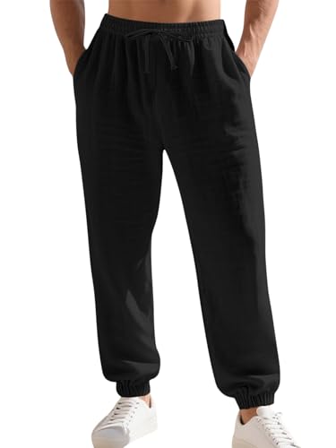 Men's Linen Joggers Summer Beach Lightweight Drawstring Yoga Pants with Pockets & Elastic Cuffs
