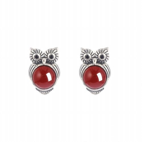 Boucles d'oreilles agate rouge rétro et hibou en argent pour femme