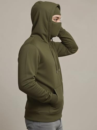 Image of ADRO Men Balaclava Hoodies | 320 GSM Soft Cotton Zipper Hoodie | Thumb-Hole Cuff Gloves | Travel Jacket with Hood | Winter Sweatshirt