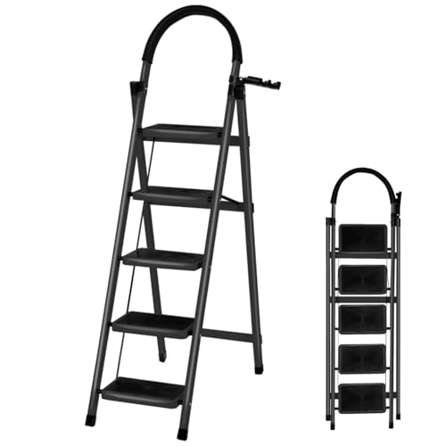 Escalera Plegable de Acero con 5 Peldaños, Escalera Doméstica Antideslizante con Barandilla para Cocina, Hogar y Oficina - Negro