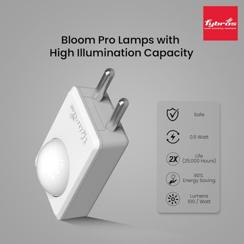 Image of FYBROS Bloom Pro LED Night Lamp | 0.5W | White Light | Indirect Lighting | 2-Pin Plug | Energy Efficient | Low Power Consumption | Ideal for Bedroom, Kids Room, Hallway | Pack of 1