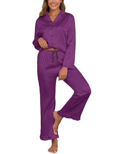 Image of Veseacky Women Satin Pajamas Set 2 Piece Button Down Short Sleeve Soft Sleepwear with Pockets