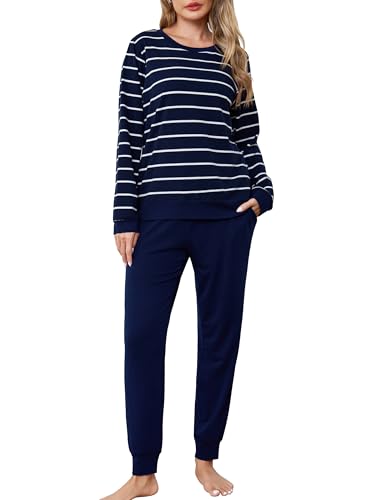 Wikoan Pigiama da Donna Invernale Comodo e Caldo Set di Pigiami in Cotone a Maniche Lunghe Top a Righe e Pantaloni Sleepwear con Tasche a Coulisse,Blu Scuro-Strisce Larghe,XL