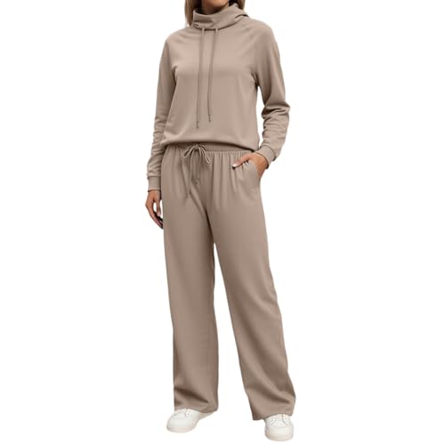 Vêtement de sport femme kaki chaud pull col montant et pantalon de survêtement amples 2 pièces
