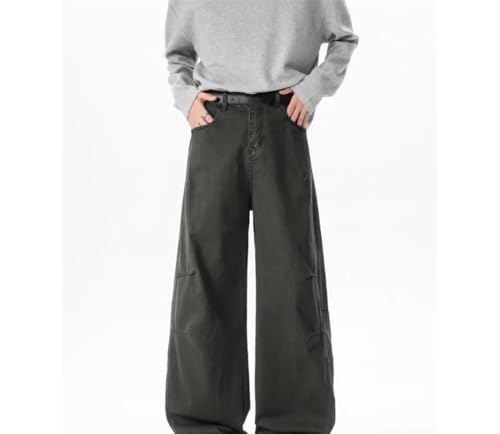 Men Straight Jeans Vintage Wash Wide Leg Denim Pants Solid Color Loose Fit Casual High Street Trousers2