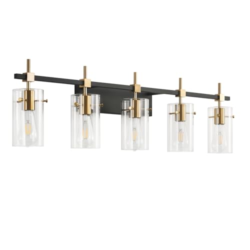 Image of SOLFART 40.1 inch Vintage Brass Bathroom Vanity Light fixtures Bathroom Wall Lights Over Mirror with Glass Shade 5 Light