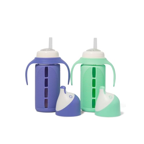 Set of 2 - Glass Sippy Cup for Toddlers - The Luca | Mint Green & Indigo Purple | Spill-Proof | Silicone Straw | 8 oz | Liquids Never Touch Plastic | Removable Handles…