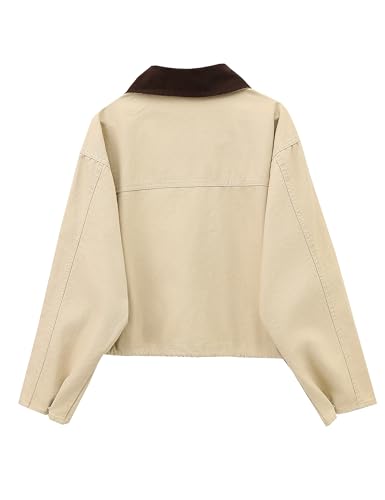 Womens Cropped Jacket Contrast Collar Utility Coat Cargo Jacket Barn Jacket Outwear with Pockets2