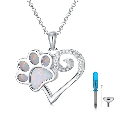 MEIDERBO Pet Cremation Jewelry for Ashes Sterling Silver Opal Dog Cat Paw Print Urn Necklace Keepsake Memorial Jewelry Gifts for Women