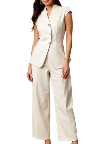 Women's 2 Piece Business Casual Outfit Button Up Notch V Neck Blazer Vest and Wide Leg Pants Set