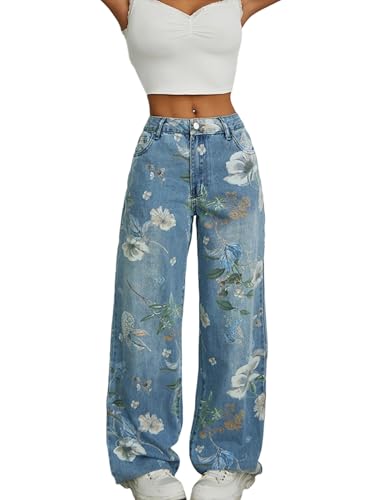 Women's Stylish Floral Print Denim Pants Lightweight High Waist Loose Wide Leg Jeans