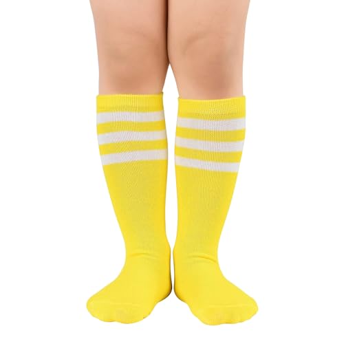 Kids Soccer Socks Toddler Knee High Tube Socks Three Stripes Cotton Uniform Stocking Socks Yellow White Socks
