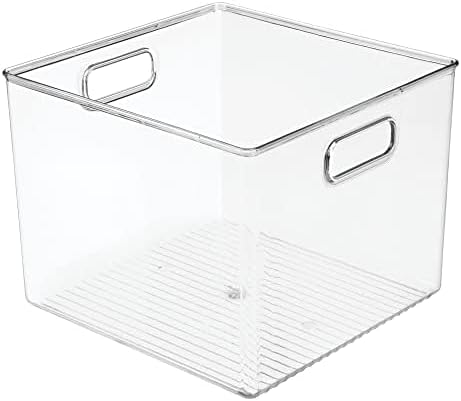 Plastic Deep Home Storage Organizer Basket Bin with Handles for Cube Furniture Shelving in Office, Closet, Bedroom, Laundry Room, Nursery, Kids Toy Room Shelf - Ligne Collection, 8 Pack, Clear