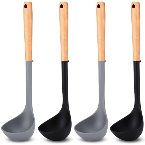 Reallnaive 4 Pcs Ladle Spoon Silicone Large Spoon for Soup with Wooden Handle 13 Inch Heat Resistant Non Stick Seamless Deep Rubber Ladle for Home Cooking Kitchen Utensils
