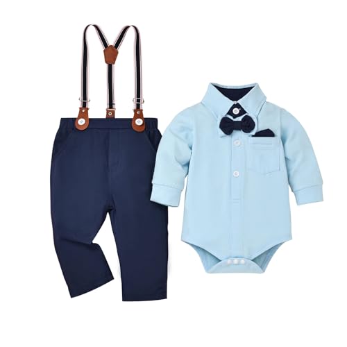 Image of DOMOABEI Baby Boy Clothes Gentleman Outfits Infant Bodysuit Long Sleeve Shirt with Bowtie Suspender Pants Suits Set 0-18M