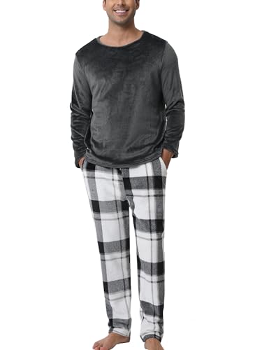 Pyjama Polaire Homme Velours Ensemble Thermique Hiver Chaud Pyjama Col Rond Manches Longues Vêtements d'Intérieur Plaid Carreaux Vêtements de Nuit Grande...