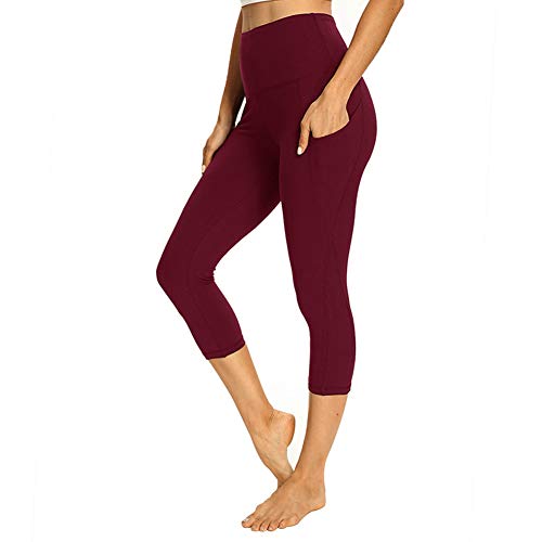 GAYHAY Women s Capri Yoga Pants with Pockets - High Waist Soft Tummy Control Strechy Leggings for Workout Running (Wine, Medium)