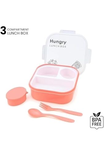 Image of Hungry Lunch Box with Water Bottle | Leakproof 3 Compartment Tiffin Box with Spoon, Fork & Sauce Container | BPA Free Food Grade Plastic | Microwave & Dishwasher Safe Lunch Box for School (Peach)