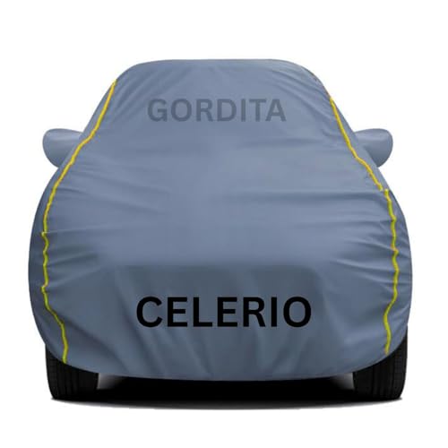 Image of Waterproof Car Body Cover for Celerio All Weather Protection Comes with Inner Cotton Lining & Triple Stitched with Mirror & Antenna Pocket Belt & Elastic Fit Grey with Yellow Piping2