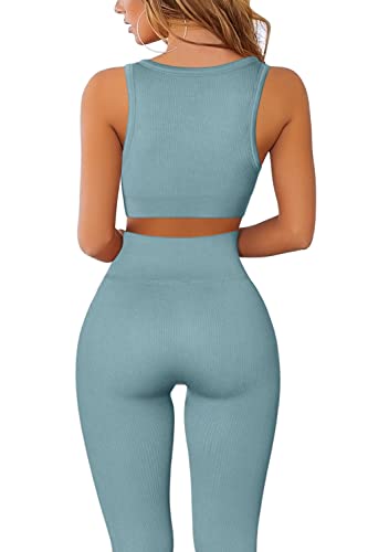 QINSEN Workout Outfits for Women 2 Piece Ribbed Seamless Crop Tank High Waist Yoga Leggings Sets2