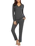 ADOME Damen Basic Schlafanzug Lang Elegant Pyjama Weich Set V-Ausschnitt Zweiteiliger Schlafanzüge Langarm Nachtwäsche
