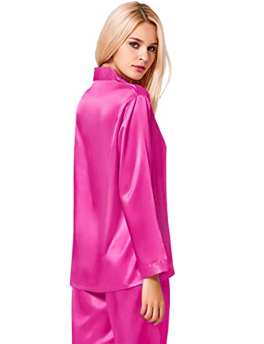 Image of SWOMOG Long Sleeve Pajamas Set Silk Satin Sleepwear Button Down Pjs Loungewear with Pocket