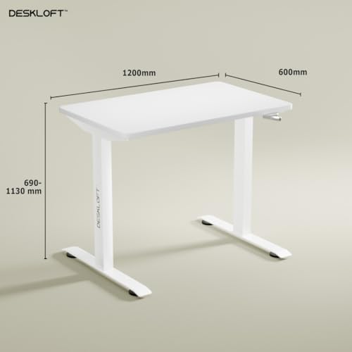 Image of Manual Height Adjustable Desk | Ergonomic Sit Stand Workstation with Walnut Wood Grain Top | Hand Crank Adjustable Computer Table for Home Office (White Frame & White Top, 1200 x 600 mm)