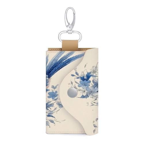 Blue And White Bird Vintage Key Holder Bag PU Leather ID Card Holder Keychains Case Cover for Men Women