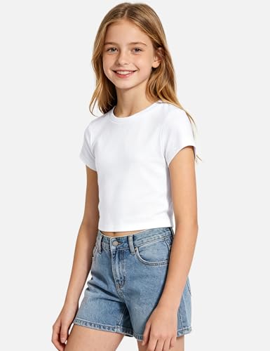 Image of Auranso Girls Crop Tops Kids Short Sleeve T-Shirts Basic Summer Tee Top