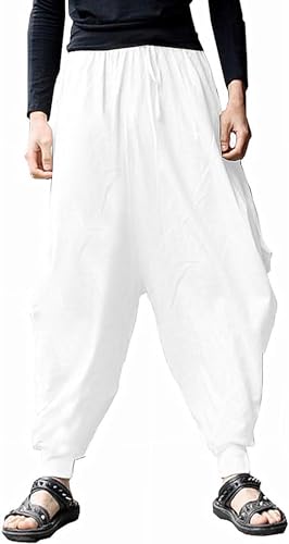 perdontoo Mens Casual Harem Pants Cotton Boho Yoga Hippie Aladdin Summer Beach Drop Crotch Trouser (34, White)