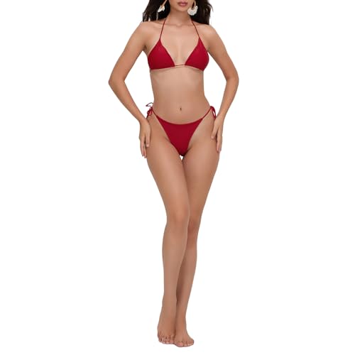 Traje de Baño Mujer Bikini 2 Piezas Bañador Sexy Ropa de Baño Juego Top Sujetador de Cuello Halter + Braguita Tanga para Playa Mar Piscina Vacación (Rojo, M)