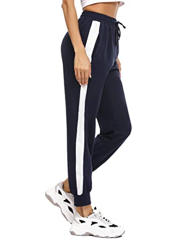 Wayleb Jogginghose Damen Hose High Waist Activewear Trainingshose mit 2 Taschen Freizeithose Laufhose Yoga Hose Slim Fit Sweatpants mit Streifen für Sport Freizeit Navy blau, L Cover