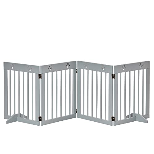 PawHut Barrera para Perros Plegable de 4 Paneles 204x61 cm Barrera de Seguridad para Perros con Estructura de Madera y Patas de Apoyo para Pasillo Escalera Gris Claro