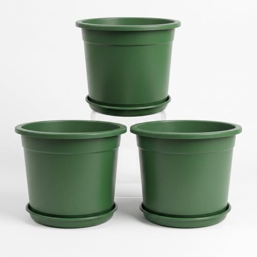 Image of 12 Inch Glossy Forest Green Plastic Planter with Bottom Plate | Heavy Duty Flower Pot with Tray for Indoor Home Decor, Balcony, Living Room & Outdoor Garden (3 Pot, Forest Green)