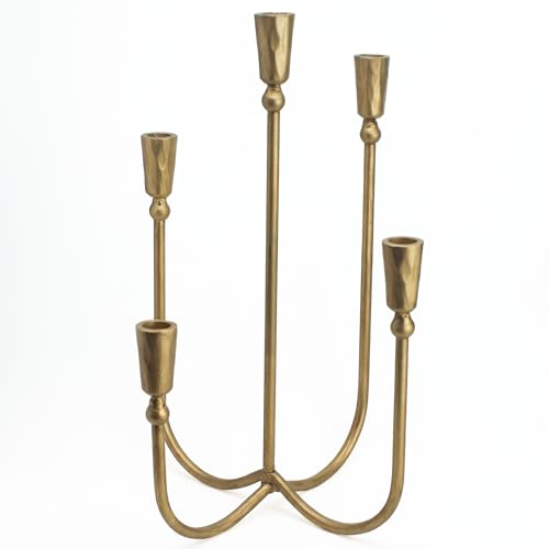 Large Iron Candelabra Centerpieces for Tables, 17.7'' Tall Taper Candle Holders, Vintage Brass Gold Candlestick Holders, Antique Fireplace Mantel Decorations for Living Room, 5 Arms