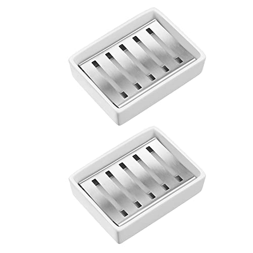 Sanno Ceramic Soap Dish Holder Soap Dish Stainless Steel Draining Tray For Bathroom And Shower Double Layer Draining Soap Box, 2Pack #TOP6