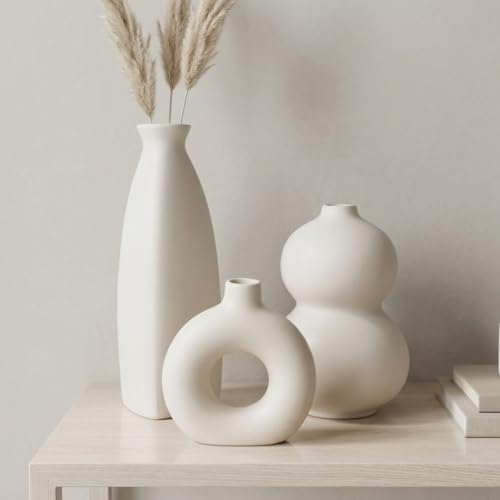 Image of Ceramic Flower Vase Set of 3 | Modern Nordic Minimalist White Vases for Pampas Grass & Dried Flowers | Decorative Table Vase for Living Room, Home, Office, Shelf Decor (Matte Finish)