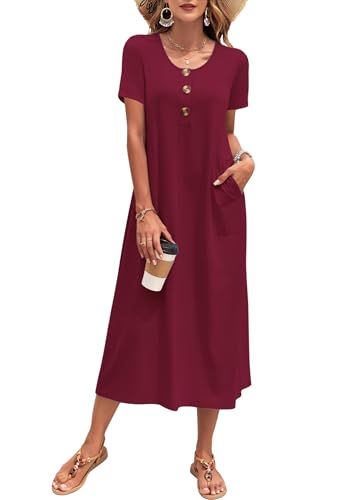 MOLERANI Women's Summer Midi Casual Loose Dress Short Sleeve,Wine Red,XL