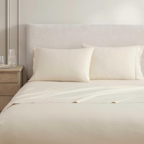 Image of Martha Stewart - Queen Size Sheets Set, Crisp & Tailored Cooling Sheets w /a Naturally Smooth Cotton Percale Lightweight Feel - Matching Pillowcases & Fitted Sheet (Skylands Solid Beige)